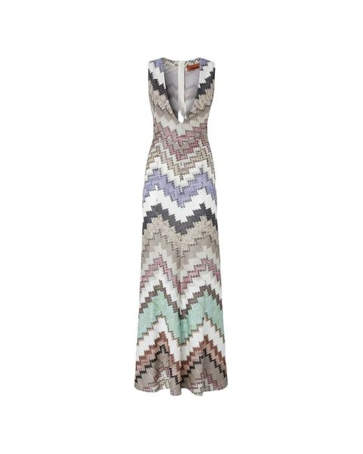 Missoni White Long Lamé Viscose Dress With Irregular Snake Pattern And Plunging V-Neckline