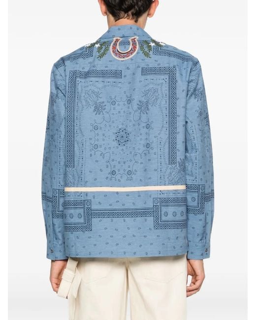BAZISZT Blue Ranch Horse-Motif Bandana Shirt for men