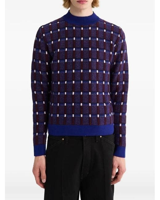 Jil Sander Blue Checked Intarsia-Knit Sweater for men