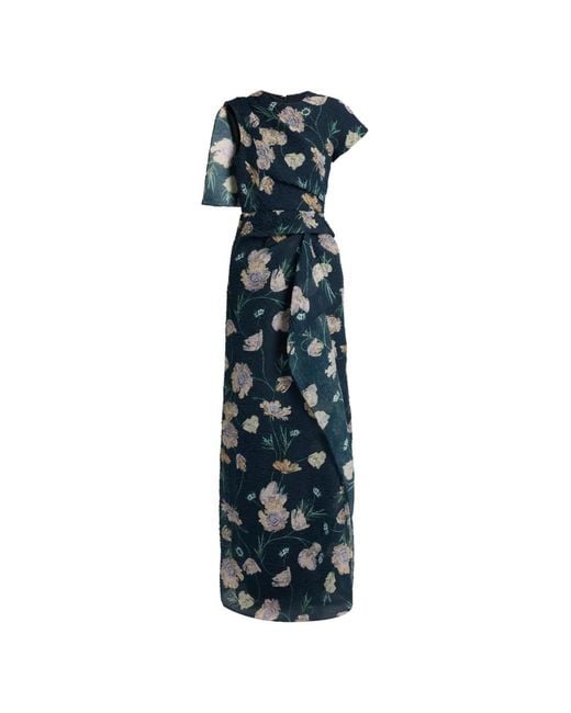 Erdem Blue Floral-Print Asymmetric Gown