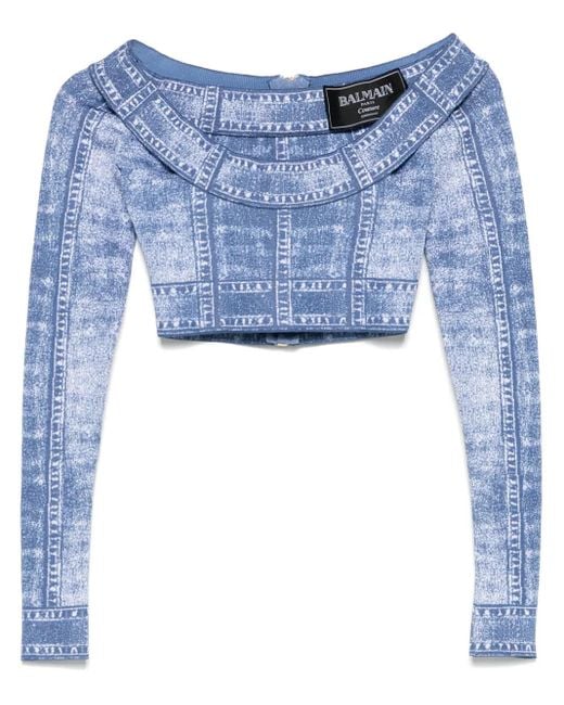 Haut Crop À Imprimé Trompe L'Œil Balmain en coloris Blue
