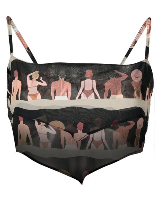 Amir Slama Black Graphic-Print Silk Cropped Top