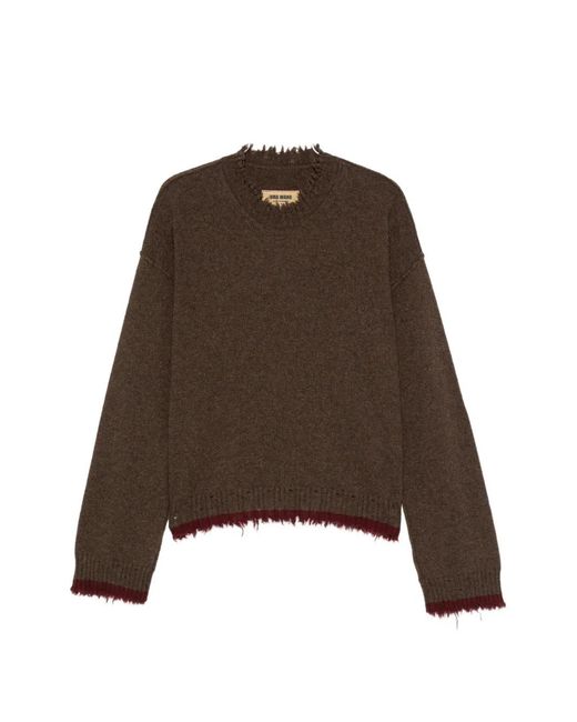 Uma Wang Brown Distressed-Effect Ribbed-Trim Sweater