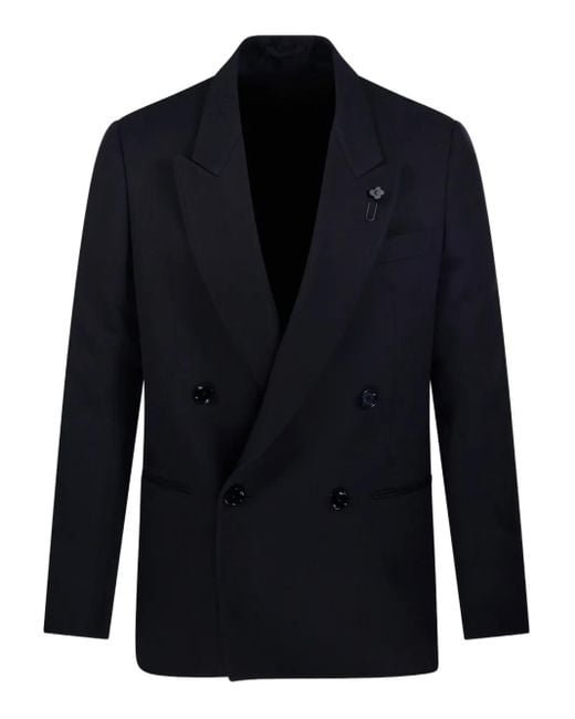 Lardini Blue Double-Breasted Flower-Embellished Blazer for men