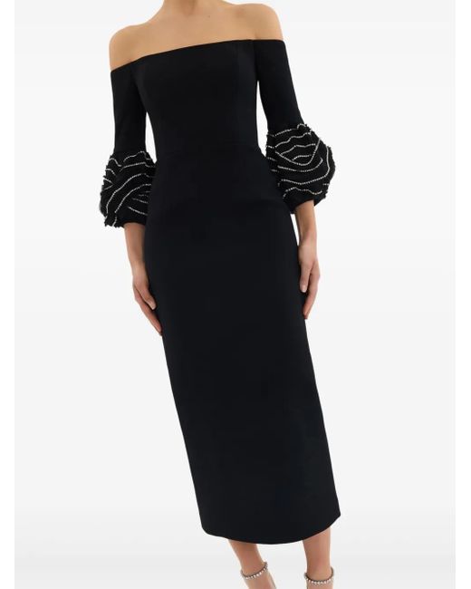 Rebecca Vallance Black Bellatrix Off-Shoulder Ruffled Midi Dress
