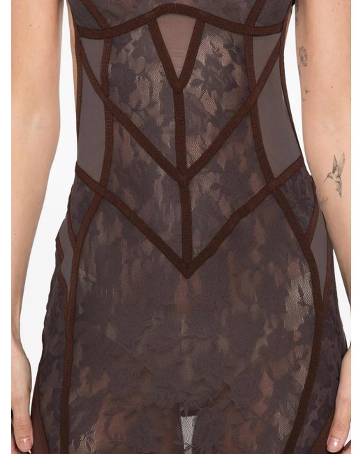 The Attico Brown Lace-Panelled Midi Dress