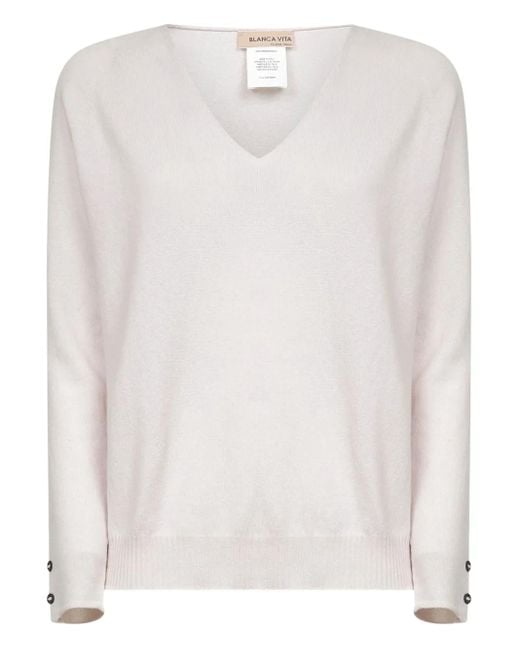 Blanca Vita White V-Neck Raglan-Sleeve Jumper