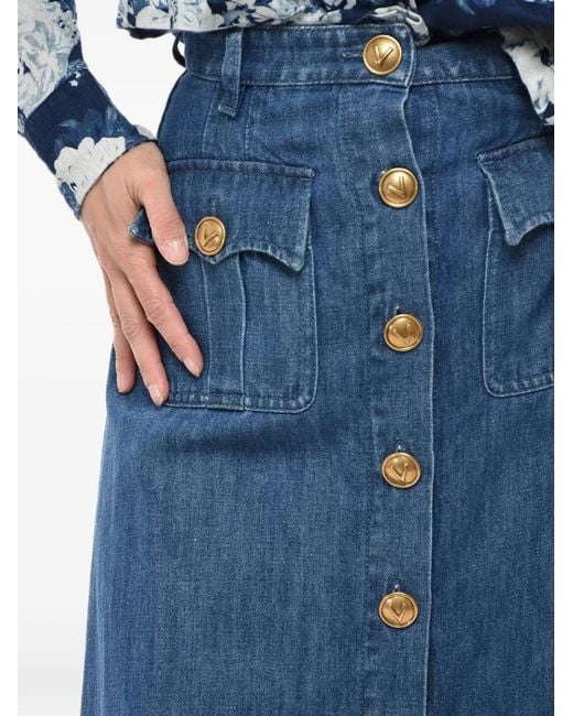 Valentino Garavani Blue Ruffled Button-Front Midi Skirt