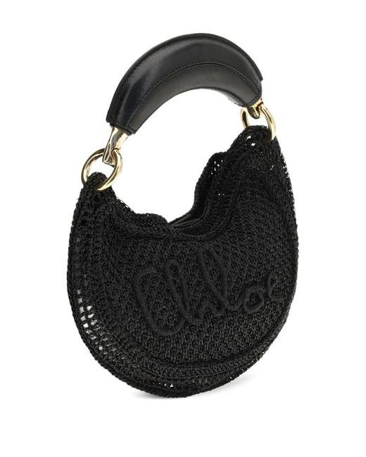 Chloé Black Summer Banana Raffia Logo Mini Bag