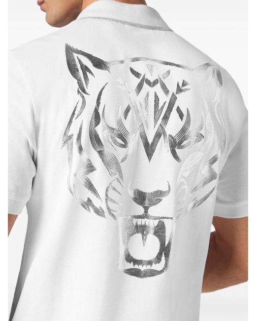 Philipp Plein White Tiger-print Cotton Polo Shirt for men