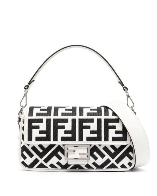 Fendi White Baguette Ff Canvas & Leather Shoulder Bag