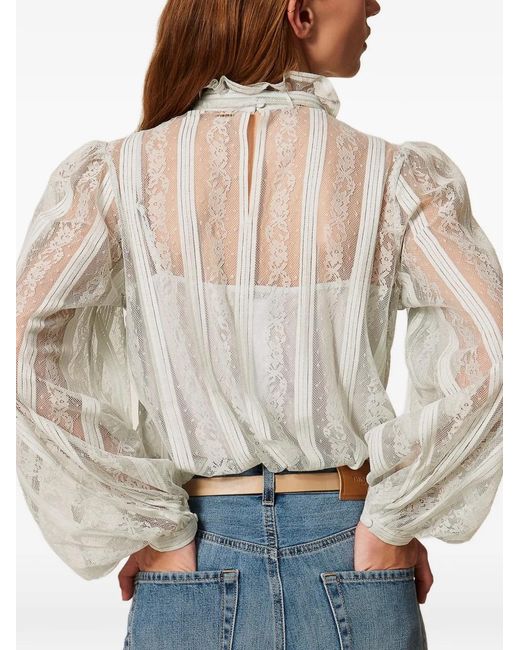 Twinset White Striped Lace Blouse With Bow