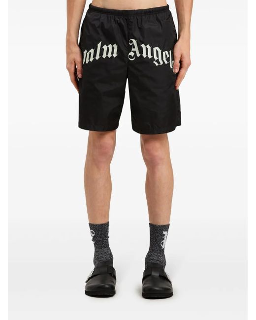 Palm Angels Black Curved-Logo Swim Shorts for men