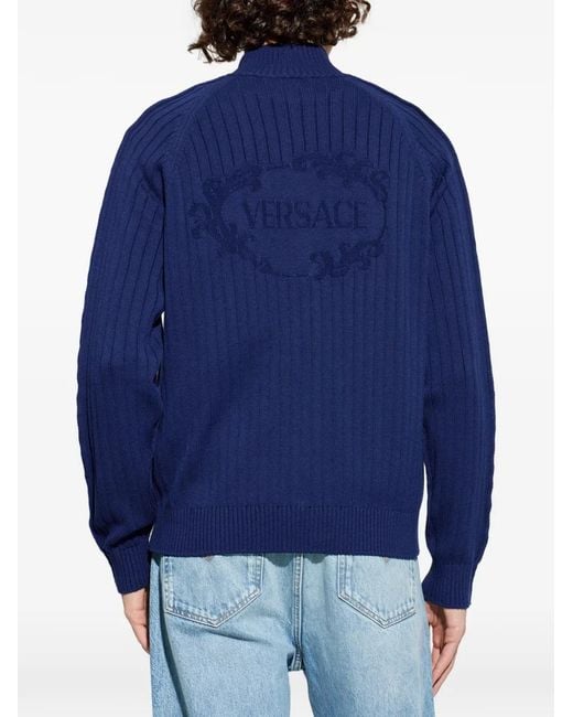 Versace Blue Cable-Knit Zip-Up Sweater for men
