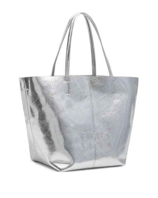 Bimba Y Lola Gray Logo Leather Large Tote Bag