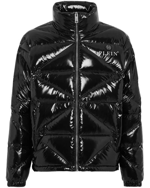 Philipp Plein Black Logo-Plaque Glossy Padded Jacket for men