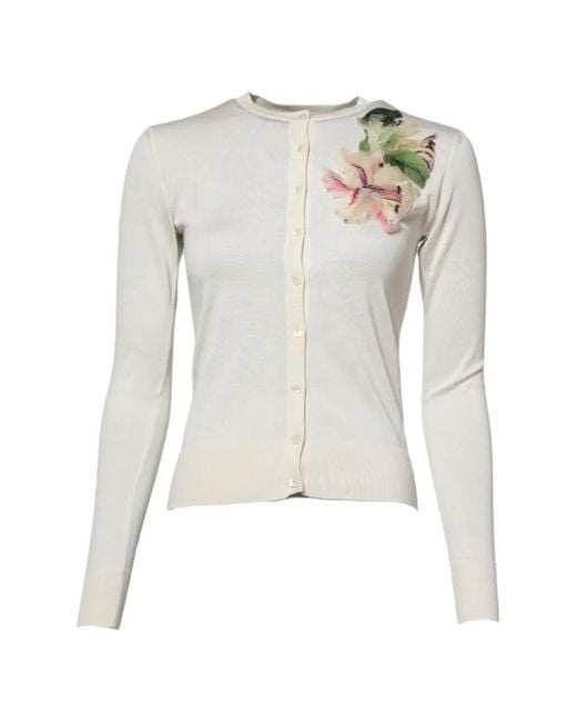 Dolce & Gabbana White Floral-Appliqué Sequin-Embellished Cardigan