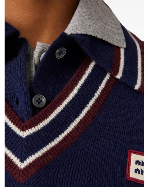 Maglione Stile Polo Con Applicazione Logo di Miu Miu in Blue