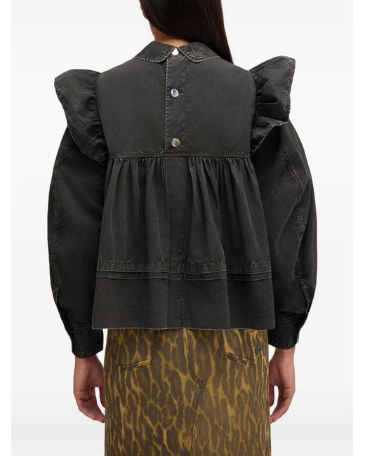 Ganni Black Washed Frill Blouse