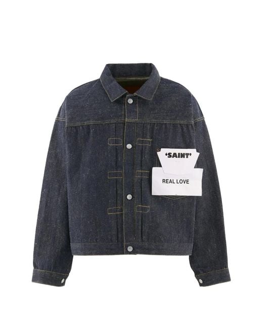 SAINT Mxxxxxx Blue Pleated Cinch-Strap Denim Jacket for men