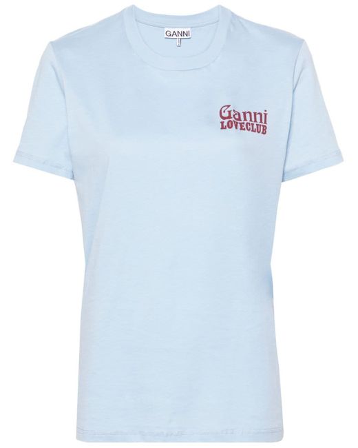 Ganni Blue T-Shirt aus Bio-Baumwolle mit Logo-Print