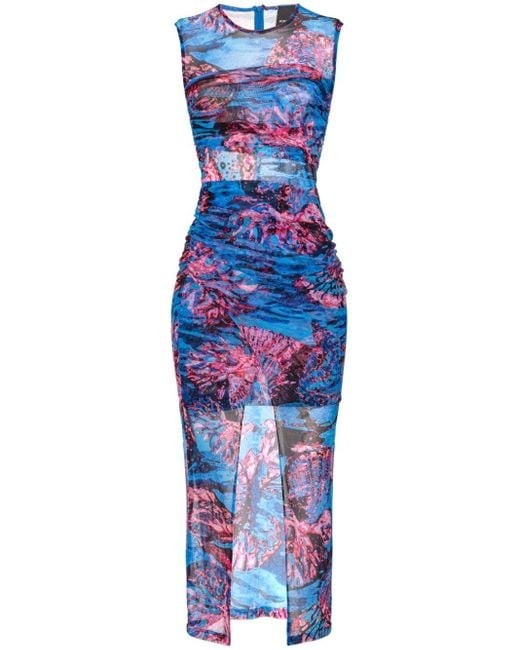 Pinko Blue Graphic-print Sleeveless Midi Dress