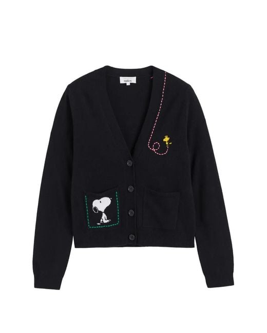 Chinti & Parker Black Snoopy-Intarsia Patch-Pocket Cardigan