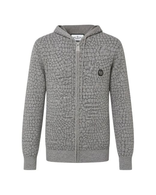 Philipp Plein Gray Wool Cashmere Zip Hoodie Cocco for men