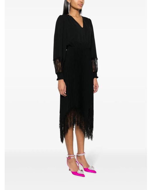 Nissa Black Lace-Trim Pleated Midi Dress