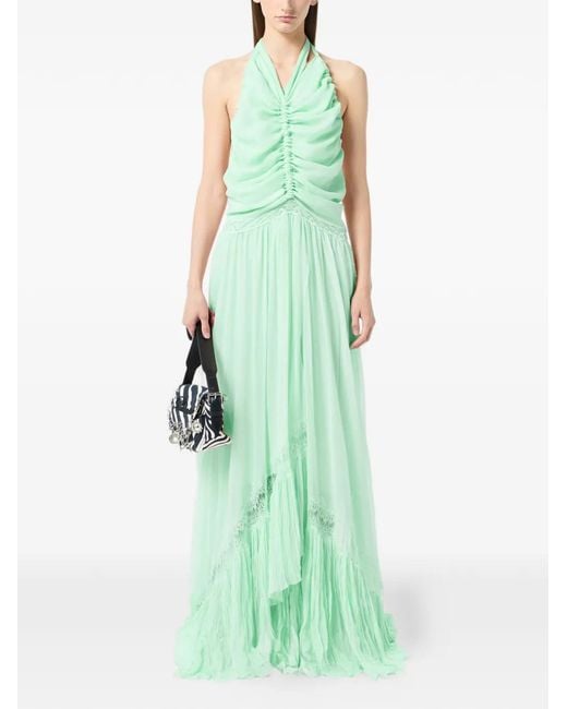 Blumarine Green Ruched Ruffled Dress