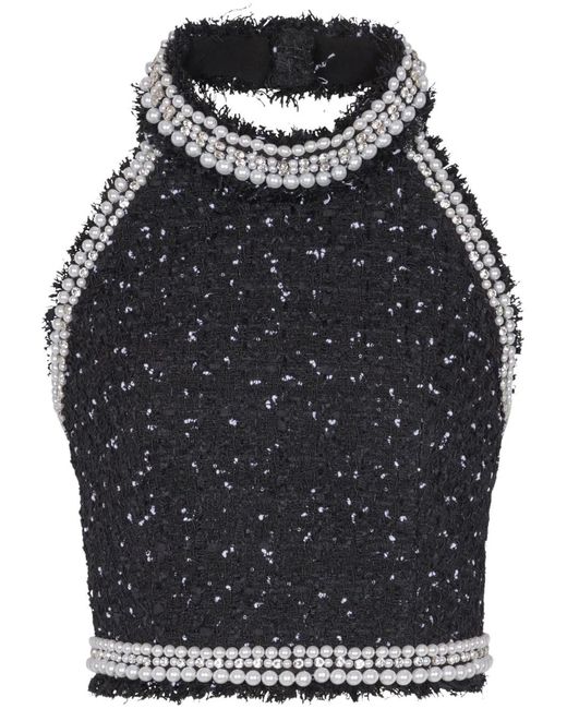 Balmain Black Halterneck Tweed Cropped Top
