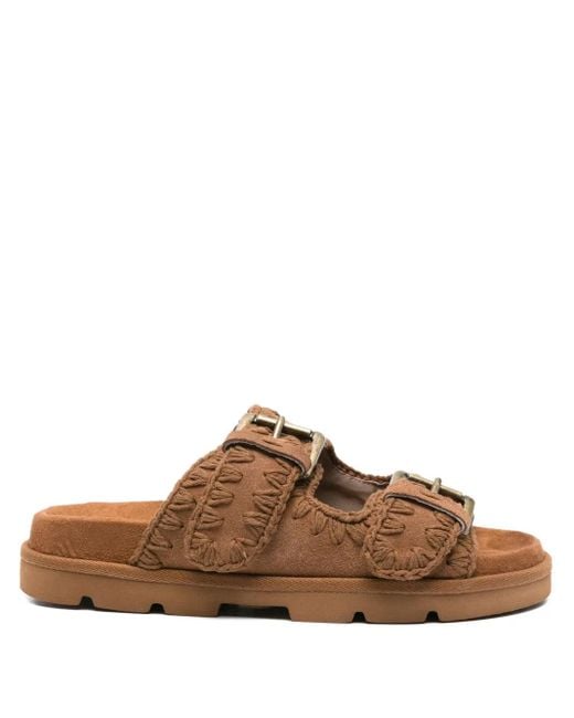 Mou Brown Buckle-Embellished Suede Sandals