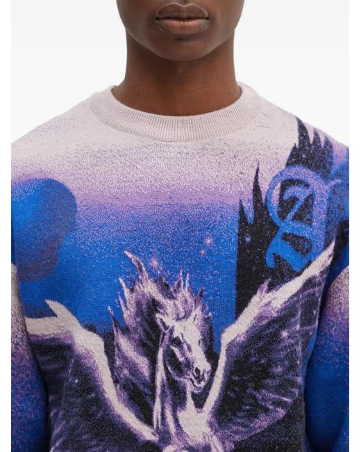 Aries Blue Pegasus-Print Crew-Neck Sweater for men