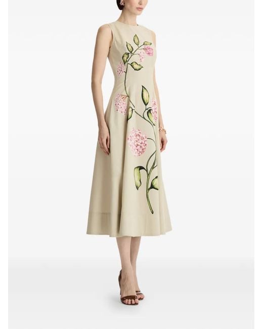 Oscar de la Renta White Porcelain Flower Cotton Poplin Sleeveless Dress