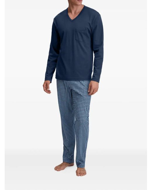 Calida Blue V-Neck Patterned Pyjamas for men