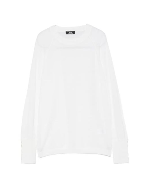 Alpha Studio White Button-Cuff Long-Sleeve Sweater