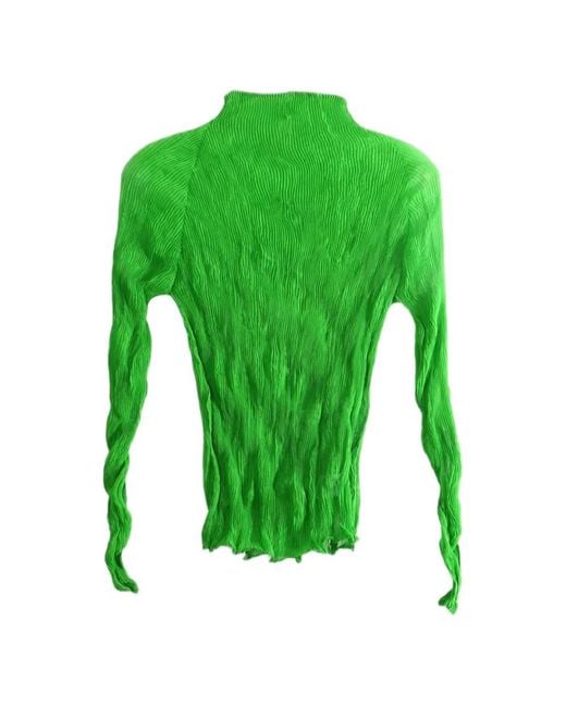 Issey Miyake Green Chiffon Twist 1 Pleated High-Neck Top