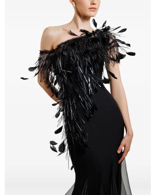 Gemy Maalouf Black Asymmetrical Feather Neckline Dress