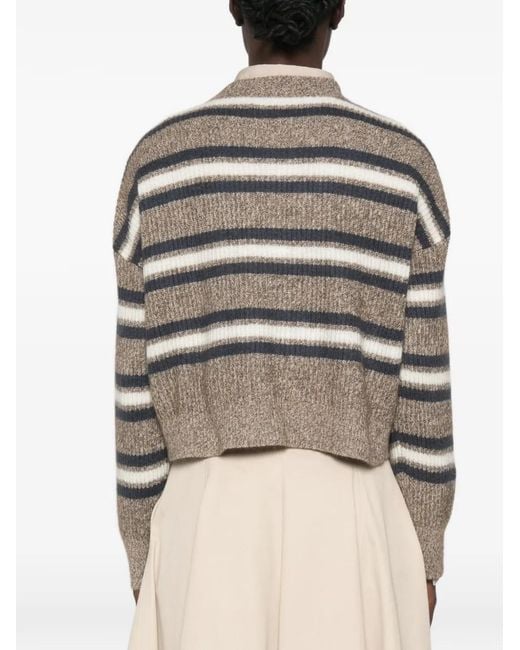 Brunello Cucinelli Brown Striped Crew-Neck Sweater