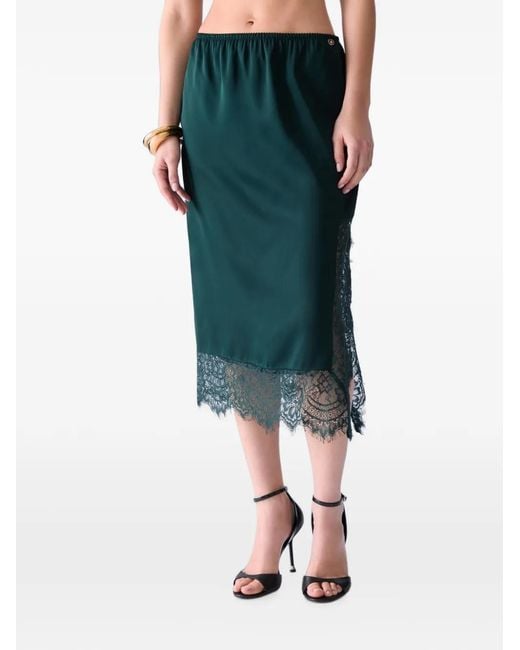 Liu Jo Green Satin Midi Skirt With Valenciennes Lace