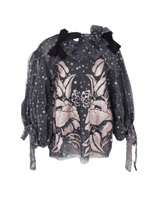 Biyan Blue Gathered-Sleeve Double Layer Blouse