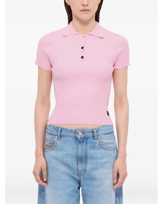 MSGM Pink Polo En Maille À Design Côtelé