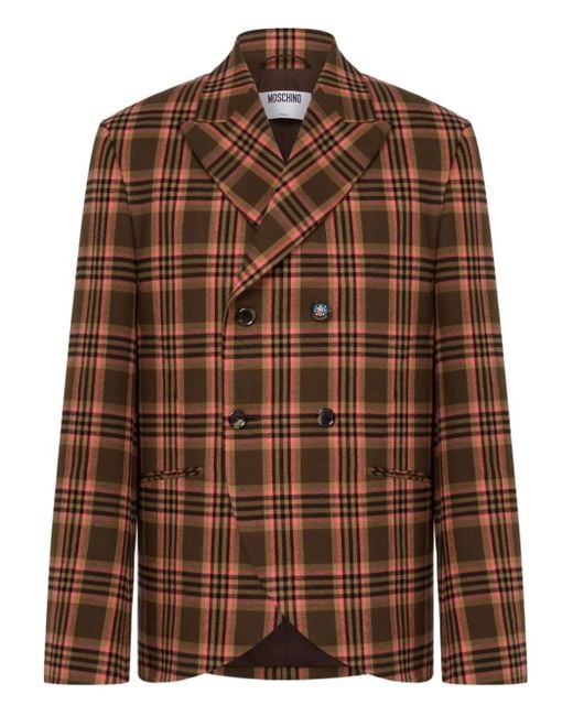 Moschino Brown Double-Breasted Checked Blazer for men