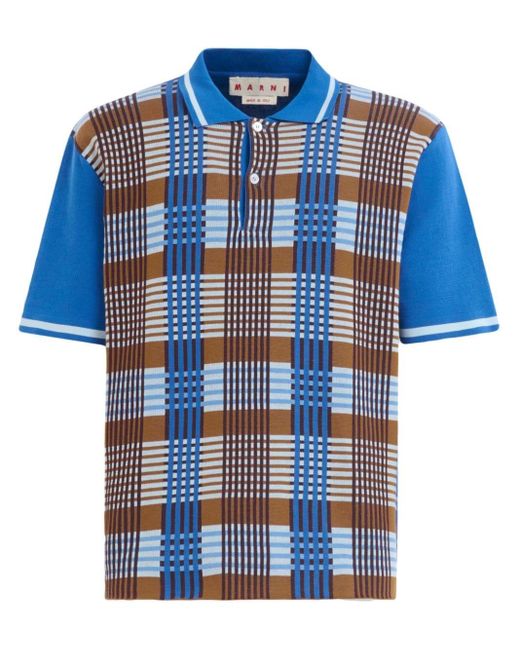 Marni Blue Checked Cotton Polo Shirt for men