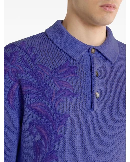 Etro Blue Floral-Embroidered Polo Shirt for men