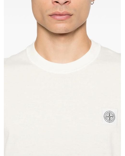 Stone Island White Ribbed Neckline T-Shirt With Compass Logo for men