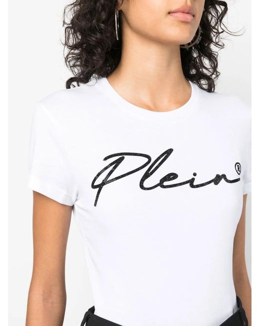Philipp Plein White Logo-Print Embellished T-Shirt