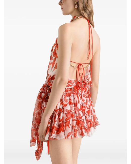 Dolce & Gabbana White Majolica-Print Chiffon Short Dress