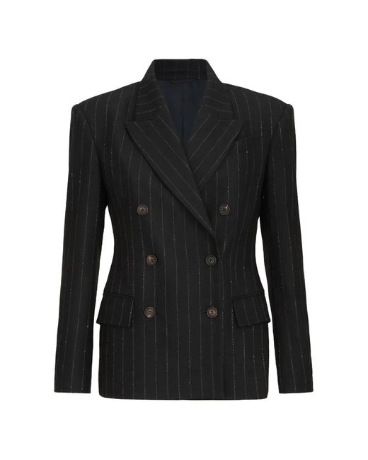 Brunello Cucinelli Black Comfort Virgin Wool Dazzling Chalk Stripe Blazer With Monili
