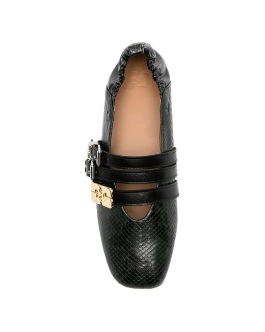 Ganni White Buckled Snake-Effect Flat Pumps